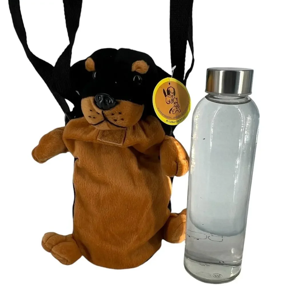 Dachshund Dog Plush Kids Crossbody Drink Water Bottle Holder Carrier Sling 12